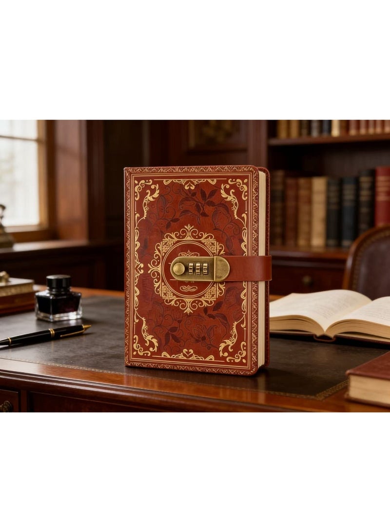 مفكرة جلدية عتيقة من مقاس A5 مزودة بقفل مكون من 3 أرقام، بتصميم كلاسيكي، مناسبة للمكتب والمدرسة، هدية، أدوات مكتبية إبداعية (بني). - Image 2